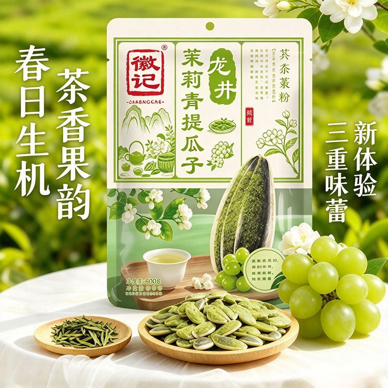 徽记 龙井茉莉青提瓜子 Longjing Tea, Jasmine & Green Grape Flavored Sunflower Seeds 108g