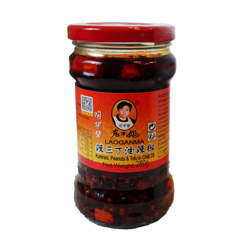Best før passert 01.09.2026 | 老干妈 辣三丁油辣椒 Kohlrabi, Peanut & Tofu in Chilli Oil 280g