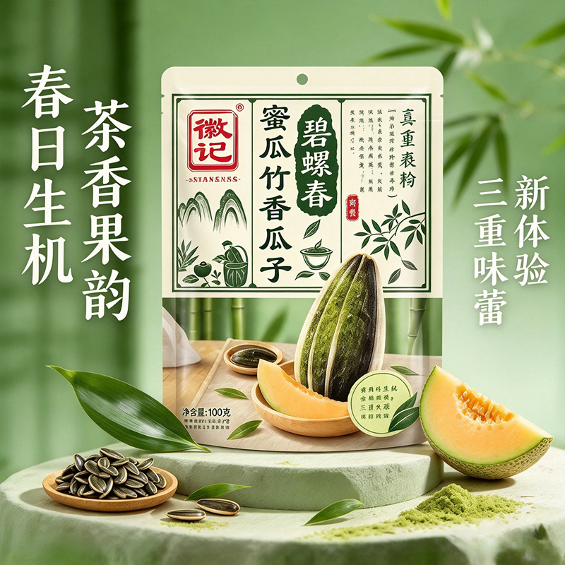 徽记 碧螺春蜜瓜竹香瓜子 Biluochun Tea, Melon & Bamboo Flavored Sunflower Seeds 108g